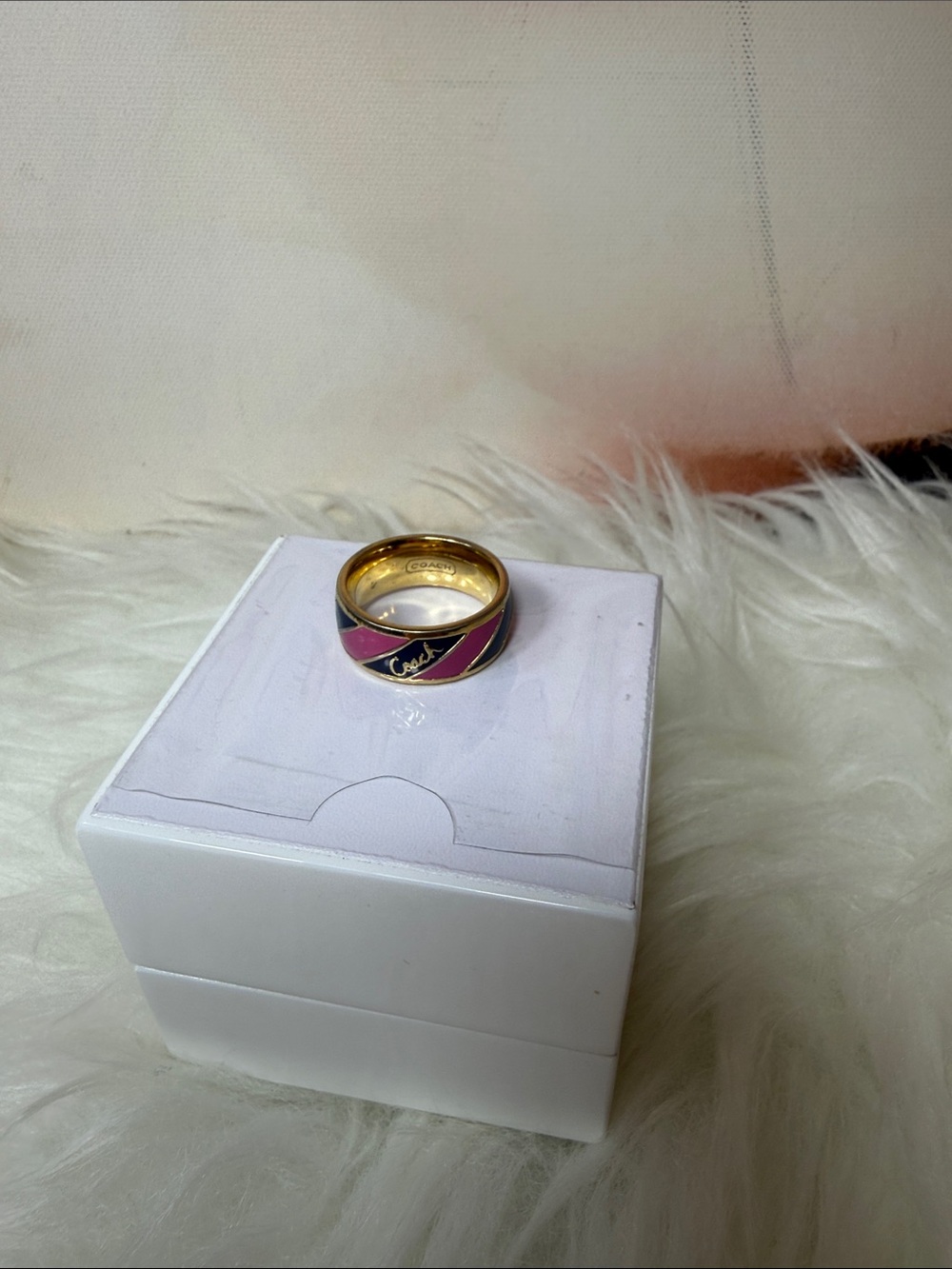 Coach Pink and Black Gold-Tone Enamel Band Ring size 7